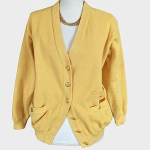 Vintage 100% Wool Mustard Yellow Cardigan Sweater Thick Warm Gold Tone